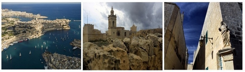 Vue aérienne sur la Valette et les trois cités soeurs de Vittoriosa,Senglea et Cospicua. Eglise de Victoria à Gozo. Mdina-Rabat, l'ancienne capitale de Malte dans le centre de l'île. (Crédit photos Tourisme Malta/Kurt Arrigo/David Raynal).
