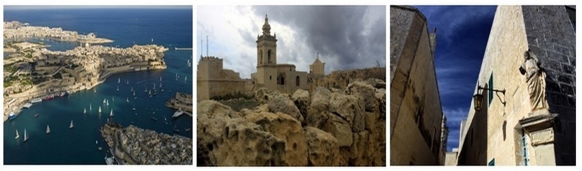 Vue aérienne sur la Valette et les trois cités soeurs de Vittoriosa,Senglea et Cospicua. Eglise de Victoria à Gozo. Mdina-Rabat, l'ancienne capitale de Malte dans le centre de l'île. (Crédit photos Tourisme Malta/Kurt Arrigo/David Raynal). Vue aérienne sur la Valette et les trois cités soeurs de Vittoriosa,Senglea et Cospicua. Eglise de Victoria à Gozo. Mdina-Rabat, l'ancienne capitale de Malte dans le centre de l'île. (Crédit photos Tourisme Malta/Kurt Arrigo/David Raynal).