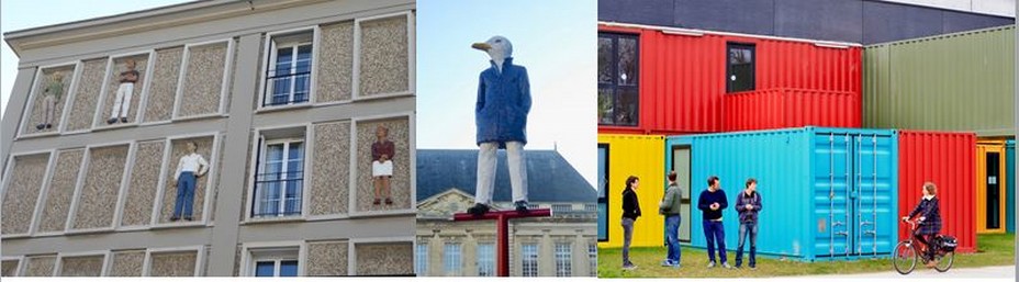 De gauche à droite : Apparitions de Stephan Balkenhol. Un été au Havre @C.Gary ; Dans le cadre d'Un été au Havre, Monsieur Goéland, une œuvre de Stephan Balkenhol @ C.Gary ; Le TETRIS au Fort de Tourneville ©Ludovic Maisant - OTAH