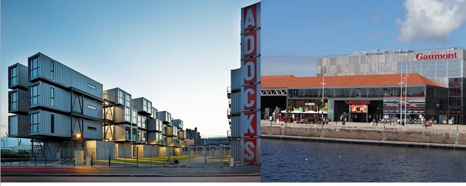 De gauche à droite :  A Docks, résidence universitaire construite avec des containeurs @ C.Gary ;Les Docks Vauban, un centre commercial et de loisirs sur le port. ©OTAH