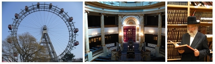 1/La grande roue sur le Prater( Photo J.Thuault) 2/Synagogue Joseph Kor, une merveille de style Biedermeier 3/ Juif religieux du quartier de Leopoldstadt (Photos André Degon)