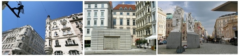 1/Architecture quartier Wipplingerstrasse 2/Judenplatz Museum Mémorial victimes de la shoa/ 3 Monument  sur la Judenplatz  édifié  en mémoire de la paix  contre  la guerre et le facisme  (Photos André Degon)