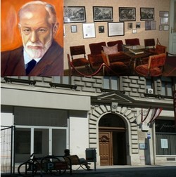 Portrait de Sigmund Freud (photo Ike) proche du Ring, au 19 de la Berggasse, se trouve la maison que  Freud a occupé pendant près d'un demi-siècle (photos André Degon)