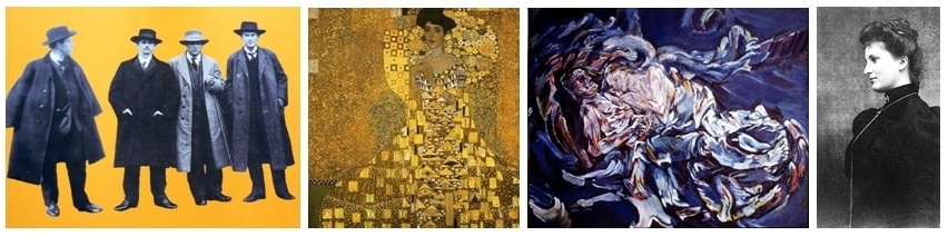 1/de gauche à droite Gustav Mahler,Alexander Zemlinsky, Arnold Schönberg et Franz Schrecker/ 2/ Peinture "Adèle" de Gustav Klimt/3 Peinture " La fiancée du Vent"  d' Oskar Kokoschka  en souvenir de sa passion pour Alma Mahler/4 Alma Mahler en 1899.