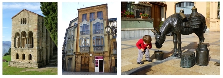 Santa Maria de Naranco, Immeuble centre ville Oviedo, Un petit garçon surpris par cet âne en bronze (photos Catherine Gary)