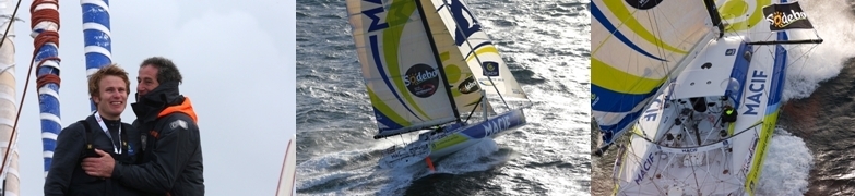 1/ Michel Desjoyeaux accueille François Gabart 2/ 3/Le Penmarch' en pleine course (photos Macif-Channel Jean-Marie Liot)