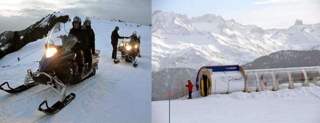 En dehors du ski alpin, les activités ne manquent pas aux Saisies comme les balades en motoneige @ David Raynal