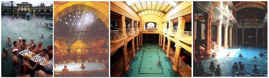 1/grands bains extérieurs Széchenyi à Pest (Photo Catherine Gary) 2 Bains Rudas intérieurs/3 et 4 Bains Gellert (Photos O.T. de Hongrie) 1/grands bains extérieurs Széchenyi à Pest (Photo Catherine Gary) 2 Bains Rudas intérieurs/3 et 4 Bains Gellert (Photos O.T. de Hongrie)