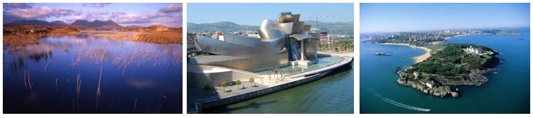 1/Paysage dans la région du Connemara 2/Musée Guggenheim à Bilbao 3/Vue d'ensemble sur la ville de Santander (Espagne) (Copyright Brittany Ferries)