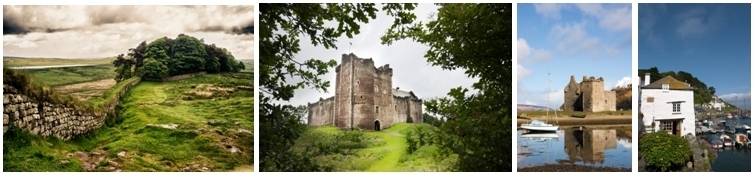 1/Mur d'Adrien (Ecosse) 2/Dounecastle (Ecosse)3/Château-Lochkranza 4/ Village de Cornouilles (Copyright Brittany Ferries) 1/Mur d'Adrien (Ecosse) 2/Dounecastle (Ecosse)3/Château-Lochkranza 4/ Village de Cornouilles (Copyright Brittany Ferries)