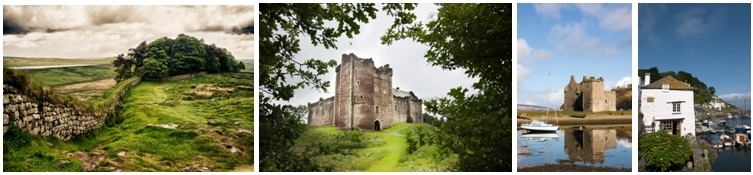 1/Mur  d'Adrien (Ecosse) 2/Dounecastle (Ecosse)3/Château-Lochkranza 4/ Village de Cornouilles (Copyright Brittany Ferries)