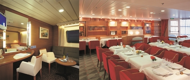 1/Cabine Suite Commodore 2/Salle de restaurant "Les Romantiques" (Copyright Brittany Ferries) 1/Cabine Suite Commodore 2/Salle de restaurant "Les Romantiques" (Copyright Brittany Ferries)