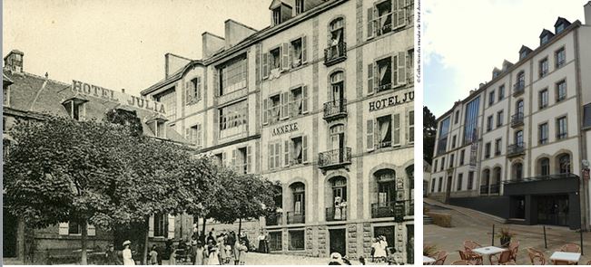 De gauche à droite : Julia Guillou (1848-1927) a donné son nom à l’hôtel qu’elle dirige de nombreuses années, faisant de ce lieu un incontournable de Pont-Aven. Le nouveau Musée de Pont-Aven occupe désormais l’ancienne annexe de cet hôtel.@ Photo archives - Musée de Pont Aven - et  L'annexe de l'ancien Hôtel Julia fait partie intégrante du musée. Ph. Musée de Pont-Aven