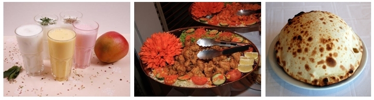 1/ Lassi aux fruits. 2/ le poulet shahi korma parfumé d'amandes, de noix de cajou et de pistaches. 3/ Naan au fromage. (Photos LD) 1/ Lassi aux fruits. 2/ le poulet shahi korma parfumé d'amandes, de noix de cajou et de pistaches. 3/ Naan au fromage. (Photos LD)