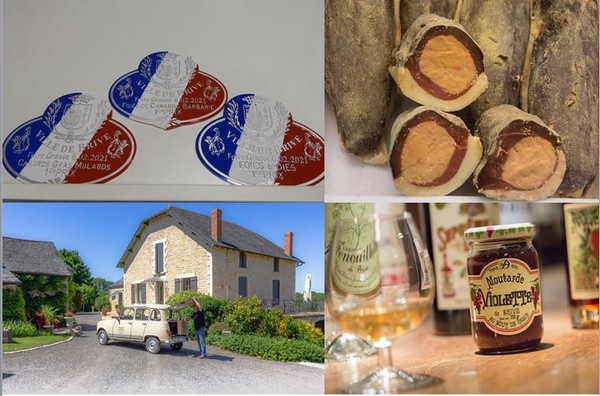 De gauche à droite : Médailles des sélectionnés aux Foires grasses@. C.Gary ; Le magret fourré au foie gras, une des spécialités à déguster sur le marché.©MalikaTurin; En bas de gauche à droite :  Chambres d'hôtes- Lescure-Haute- Larche - @Cecile Penaud-min ; Denoix-brive-tourisme-©MalikaTurin-