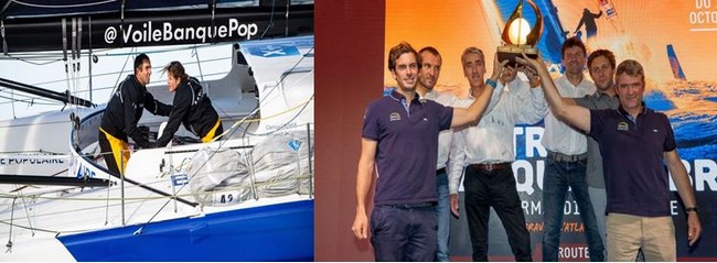 Le duo Clarisse Cremer et Armel Le Cleac'h et les vainqueurs de la précédente édition : Multi 50 : Gilles Lamiré et Antoine Carpentier (Groupe GCA - Mille et un sourires) IMOCA : Charlie Dalin et Yann Eliès (Apivia) Class40 : Ian Lipinski et Adrien Hardy (Crédit Mutuel). Crédit photo Transat Jacques Vabre. Le duo Clarisse Cremer et Armel Le Cleac'h et les vainqueurs de la précédente édition : Multi 50 : Gilles Lamiré et Antoine Carpentier (Groupe GCA - Mille et un sourires) IMOCA : Charlie Dalin et Yann Eliès (Apivia) Class40 : Ian Lipinski et Adrien Hardy (Crédit Mutuel). Crédit photo Transat Jacques Vabre.