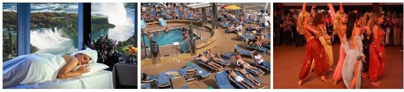 La vie à bord lors des croisières : Spa, farniente au bord d'une des piscines, soirée festive (photos Patrick Cros)