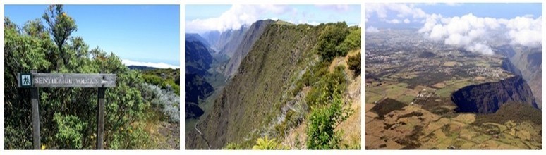 1/Le sentier du volcan 2/ Vue d'avion sur le volcan 3/ Les ravines vertigineuses en montant vers Cilaos (Photos David Raynal)