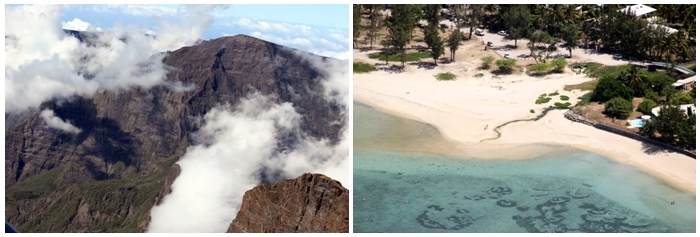 1/ Vue d'avion sur les pitons et les trois grands cirques de la Réunion 2/ Plage, farniente et lagon à la station balnéaire de Saint-Leu (photos David Raynal)