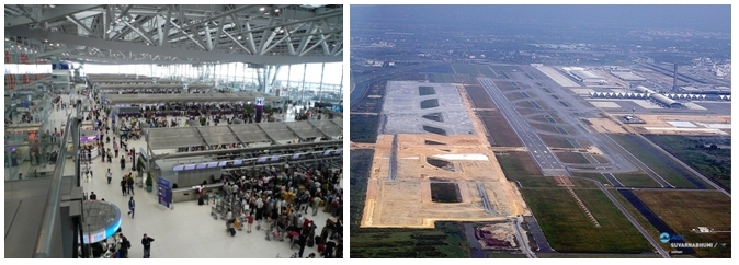 1/Hall  d'accueil de l' Aéroport International Suvarnabhumi de Bangkok  2/ Ses pistes d'envol et d'atterrissage  (Photos LD)