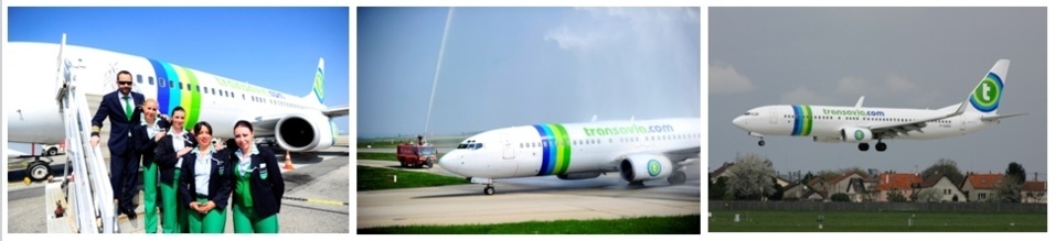 1/ L'équipage de la Cie aérienne Transavia  2/  Transavia.com base un Boeing 737-800 sur l’aéroport de Lyon St-Exupéry  (Photos LD) 3/  Le  Boeing 737-800  de la Cie Transavia  (© Paul Marais-Hayer)