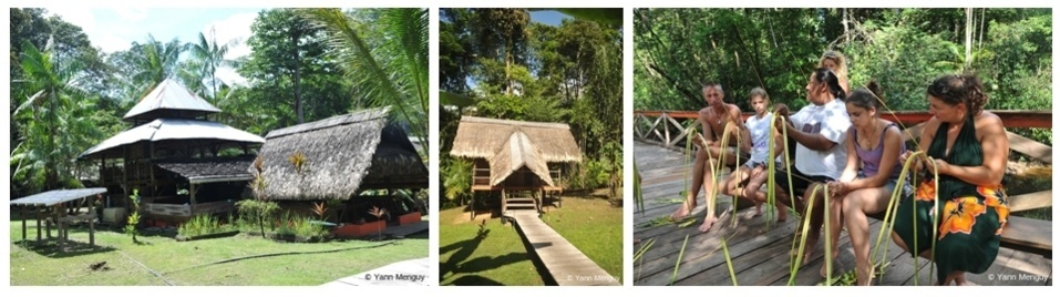 Le Camp Cariacou en pleine forêt guyanaise, un couple de voyageurs et leurs enfants apprennent les techniques du tressage (photos Yann Menguy)