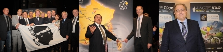 Les élus de la Corse et les organisateurs du Tour lors de la présentation officielle du parcours le 24 octobre 2013. A droite Paul Giaccobi député et président du Conseil exécutif de Corse.