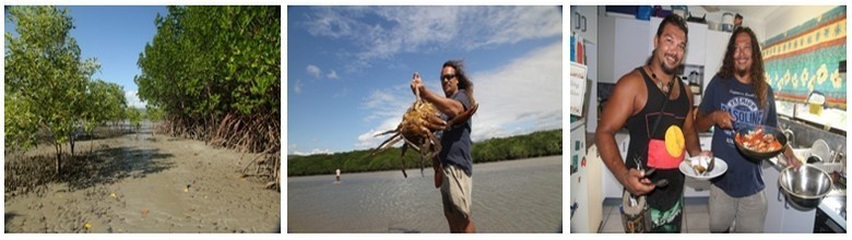 1/A Cooya beach, à une soixantaine de kilomètres au nord de Cairns et à une dizaine de kilomètres de Port Douglas, la côte se partage entre plage et mangrove ©Patrick Cros 2 et 3/ Les produits de la pêche, sont transformés en plats appétissants pour la famille comme pour les visiteurs ©Patrick Cros