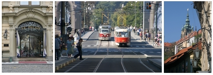 1/ Porte d'entrée majestueuse du "Palais" (photo D.R.) 2/ TRAM dans la rue Hybernska à Prague 3/ Chevet de la Cathédrale St Veit de Prague (photos Richard Bayon)