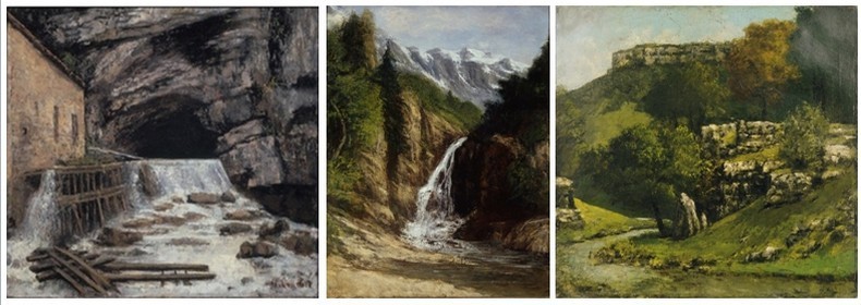 Trois célèbres toiles de Courbet : 1/ La source de la Loue. Cette œuvre poétique relie le peintre, admirateur de la nature et de sa terre natale, au lieu célèbre de la vallée d’Ornans, la grotte d’où s’échappe la rivière.  2/ La cascade Ornans  3/ Paysage du Jura  (Photos Institut Gustave Courbet)