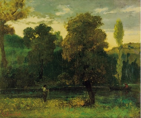 " Promenade en bâteau "  (photo Institut Gustave Courbet).Sur la rivière de la Loue, sur une barque à fond plat, une femme assise, rêveuse, semble attendre le jeune homme qui relève son filet de pêcheur, debout à gauche du tableau. " Promenade en bâteau "  (photo Institut Gustave Courbet).Sur la rivière de la Loue, sur une barque à fond plat, une femme assise, rêveuse, semble attendre le jeune homme qui relève son filet de pêcheur, debout à gauche du tableau.