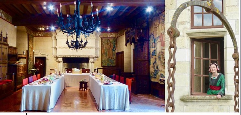 De gauche à droite : La salle du banquet et la dame de compagnie d'Anne de Bretagnequi vous accueille au pont levis @ C.Gary