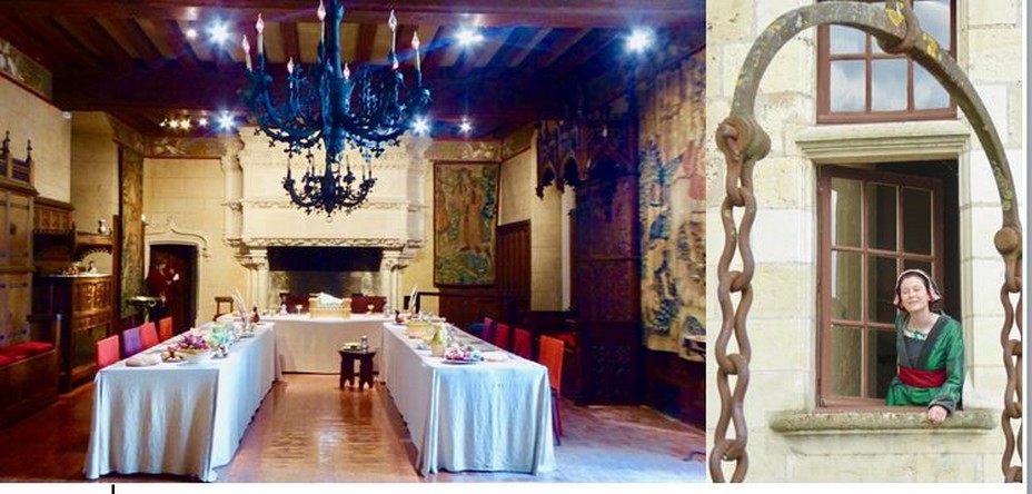 De gauche à droite : La salle du banquet et la dame de compagnie d'Anne de Bretagnequi vous accueille au pont levis @ C.Gary De gauche à droite : La salle du banquet et la dame de compagnie d'Anne de Bretagnequi vous accueille au pont levis @ C.Gary