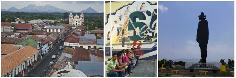 1/ Vue sur l'église du Calvaire de Léon (ancienne capitale du Nicaragua)   2/ L' Ambiance estudiantine conforte l’esprit rebelle et vivifiant de la ville  3/ statue monumentale de Sandino, figure emblématique de la guérilla nicaraguayenne contre la dictature de Somoza, le dictateur  qui saigna le pays durant plusieurs décennies (photos Catherine Gary)