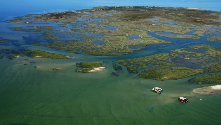 Vue aérienne de l'île aux oiseaux et des cabanes tchanquées située dans le Bassin d'Arcachon (photo O.T.)