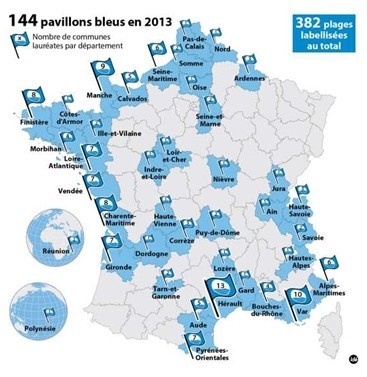 Cartographie des 383 plages de l'hexagone et de l'Outre-Mer bénéficiant du label Pavillon Bleu (Photo D.R.)