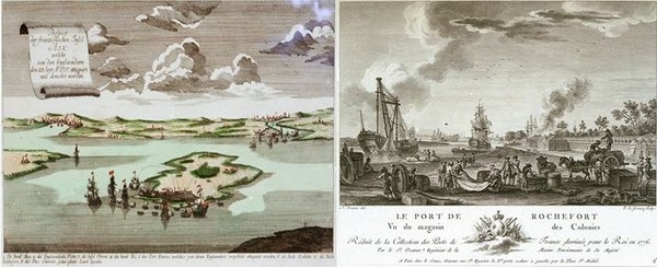 L'attaque de l'île d'Aix et de Rochefort en 1757 par la Royal Navy, 1764 et  Le port de Rochefort vu du magasin des colonies.
