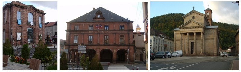 Ces trois monuments de gauche à droite 1/Le théâtre 2/ La Mairie  3/ l'église Saint-Luc  se situent à proximité du Relais Alsace-Lorraine en plein centre ville de Raon-L'Etape, Porte des Vosges (Photos Kim Frossard)