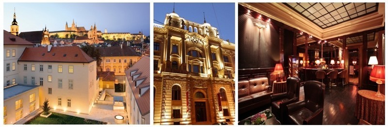 De gauche à droite Le Mandarin Oriental Prague, façade du Grand Hôtel Europa, l'un des salons de l’hôtel cinq étoiles Boscolo (Photos D.R. et David Raynal)