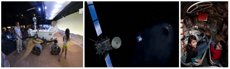1/- EXPLOREZ MARS avec le robot martien CURIOSITY en taille réelle et mobile, une exclusivité de la Cité de l’espace (en partenariat avec le CNES) ©Cité de l'espace 2/ ROSETTA : La Cité de l’espace présentera en 2014 l’épopée de la Sonde astronomique Rosetta partie pour un voyage de 10 ans  à destination d’une comète ©ESA 3/ - Vaisseau SOYOUZ en taille réelle pour s’installer dans un véritable vaisseau comme un cosmonaute ©Cité de l'espace