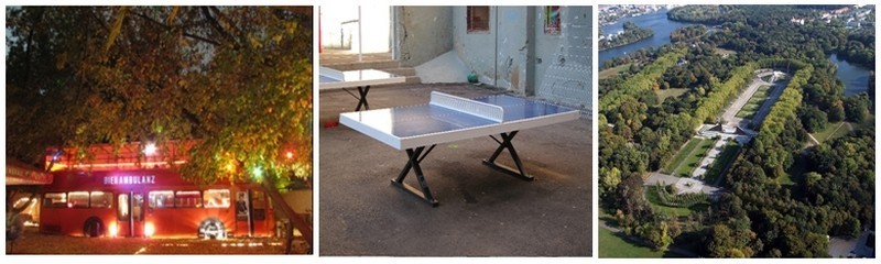 1/ Republik Frank und Frei Biergarten et son bus rouge 2/ Le bar DrPong et son unique table de ping-pong 3/ Vue d'ensemble sur Treptower Park ( Photos DR) 1/ Republik Frank und Frei Biergarten et son bus rouge 2/ Le bar DrPong et son unique table de ping-pong 3/ Vue d'ensemble sur Treptower Park ( Photos DR)