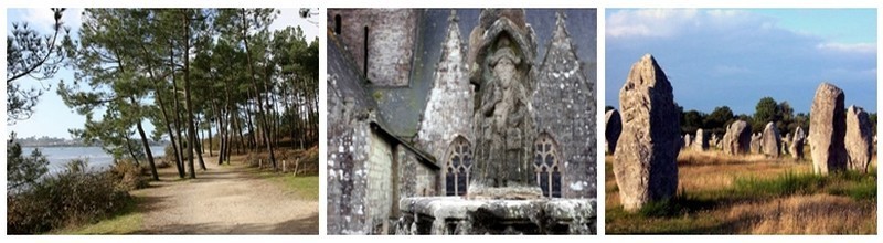 1/ La côte sauvage au bord du golfe du Morbihan près de Vannes  2/   Rochefort-en-Terre une " Petite Cité de Caractère " et l'un des "Plus Beaux Villages de France",au coeur de l’Argoat (pays des bois en breton) (Photos David Raynal) 3/  Les étonnants menhirs de la ville de Carnac  (photo DR)