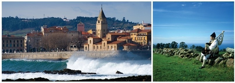 De gauche à droite : A mi-chemin entre le Pays Basque et la Galice, les Asturies sont une étape du chemin nord de St-Jacques de Compostelle. Les Asturies possèdent une tradition musicale vivante d’une grande richesse. La gaita, cornemuse du pays, est d’ailleurs considérée comme un véritable instrument « national ».(Photos OT Asturies)