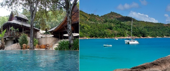 De gauche à droite : A seulement 5 minutes de l’aérodrome, le Constance Lémuria Resort de Praslin se déploie sur un site idyllique au nord-ouest de la troisième plus grande île des Seychelles;  Vue sur l'Anse Lazio à Praslin (Seychelles) (Photos David Raynal)