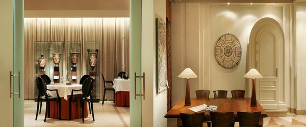 l’hôtel Villa Real l expose plus de 100 pièces d’art antique à travers ses salons, ses couloirs et même ses chambres. De gauche à droite les vases apuliens dans la salle de restaurant; Salle de travail et antiquités (photos Catherine Gary)
