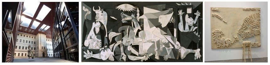 Au Musée national Centro de Arte Reina Sofia, ouvert en 1990, peinture moderne et contemporaine. De gauche à droite :  L'extension du musée Reina Sofia conçue par Jean  Nouvel ; Guernica, l'emblème du musée Reina  Sofia, déplace les foules ; MarcelBroodthaers dans le département d'art contemporain (Photos Musée national Centro de Arte Reina Sofia)