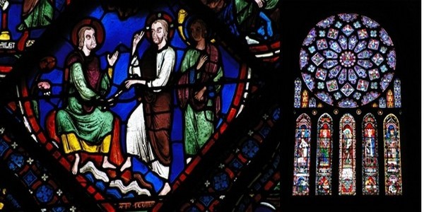 De gauche à droite : Détail de vitrail de la cathédrale© Office de Tourisme de Chartres; L'une des grandes rosaces de la cathédrale © Office de Tourisme de Chartres.