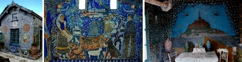 De gauche à droite : L'un des façades entièrement mosaïquées de la maison-light de Raymond Isodore; Scène champêtre dans la petite chapelle bleue ; Décor de Mont Saint-Michel sur un mur de la cuisine (photos DR)