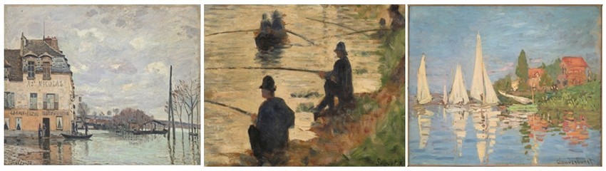 De gauche à droite :  SISLEY Inondations à Port-Marly. 1883; SEURAT Les pêcheurs à la ligne 1883;  MONET Les régates à Argenteuil, vers 1872. (photos DR)