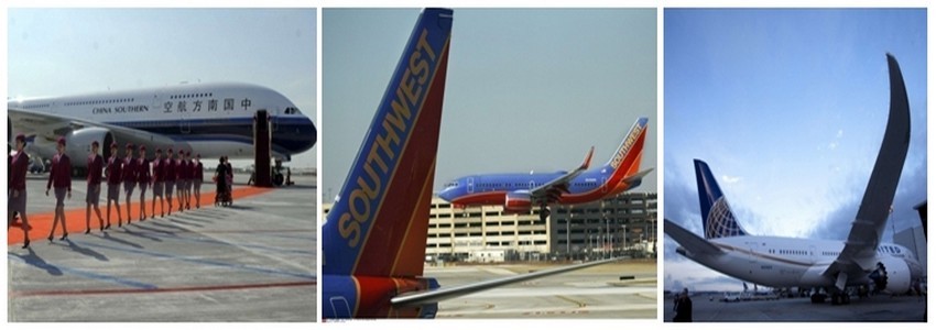 de gauche à droite  Avion de la compagnie China Southern et ses hôtesses; Avions Cie Southwest; Avion  de la Cie United Airlines (photos DR)